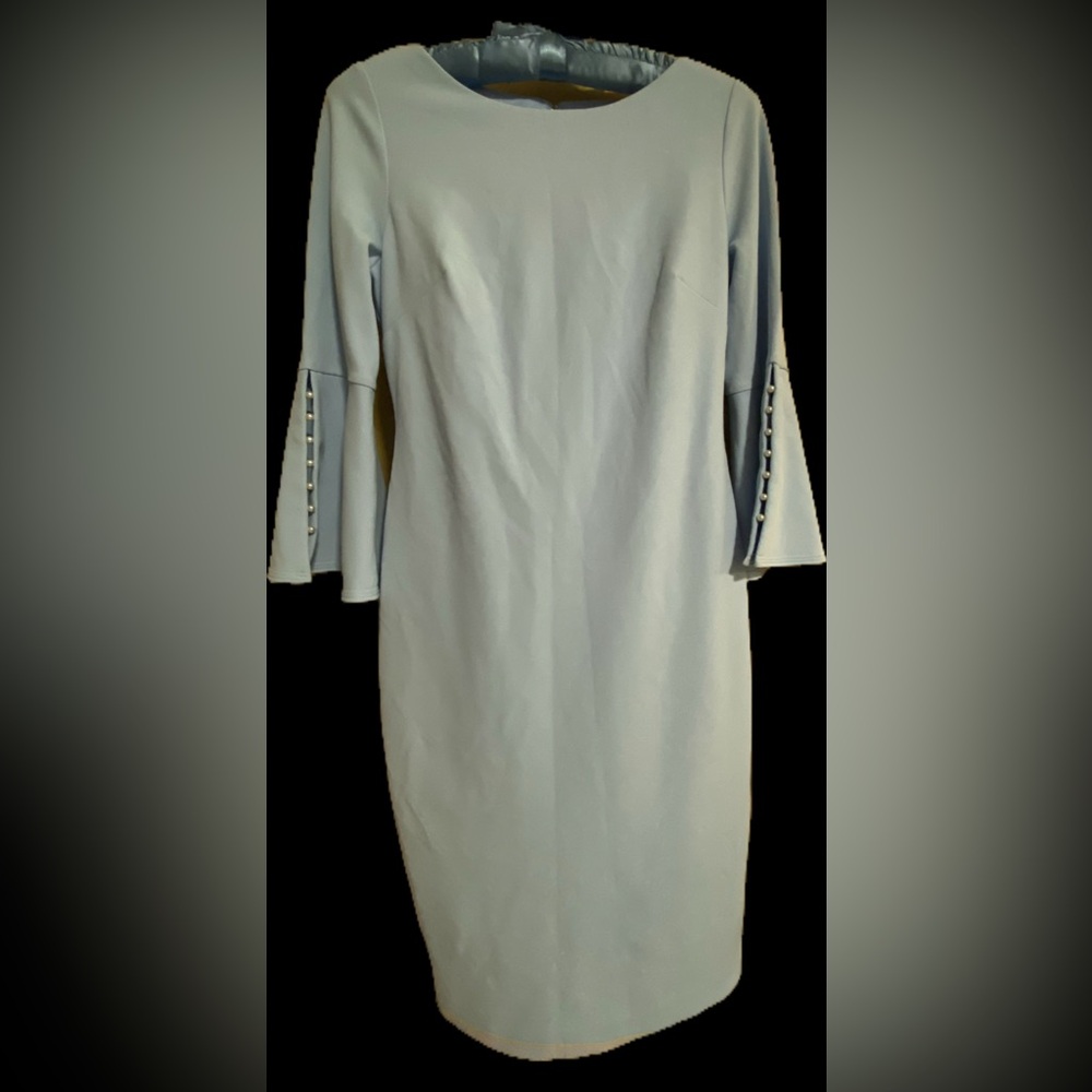 NWT Calvin Klein Bell Sleeve Sheath Dress Blue with Pearl Accents / Size 4 - Picture 3 of 16